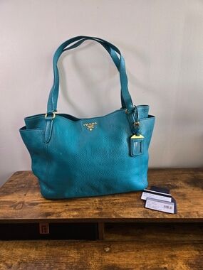 Prada Teal Pebbled Leather Tote